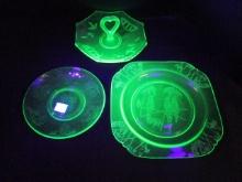 Green Vaseline Glass Handled Bonbon Dish and Plates