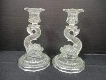 Pair of Clear Glass Dolphin Candlesticks