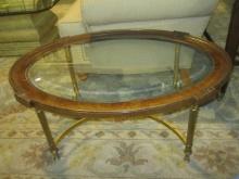 Brandt Beveled Glass Burlwood Oval Cocktail Table