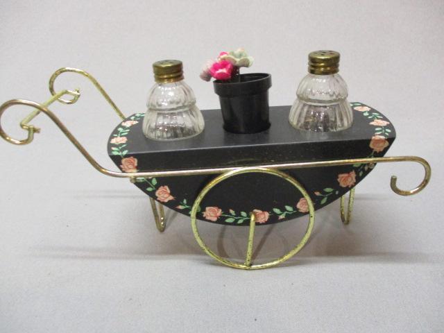 Vintage Miniature Flower Cart Salt & Pepper Shakers In Original Box