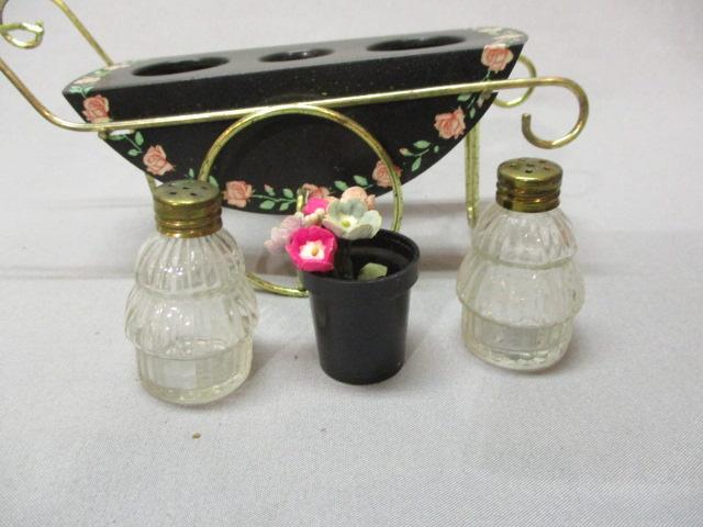 Vintage Miniature Flower Cart Salt & Pepper Shakers In Original Box