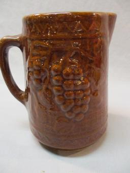 Vintage Grapevine On Trellis Brown Glazed Stoneware Pottery Pitcher 8"