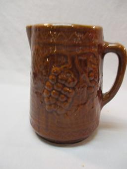 Vintage Grapevine On Trellis Brown Glazed Stoneware Pottery Pitcher 8"