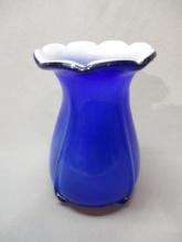 Vintage Cobalt Blue Cased Glass Vase 8"