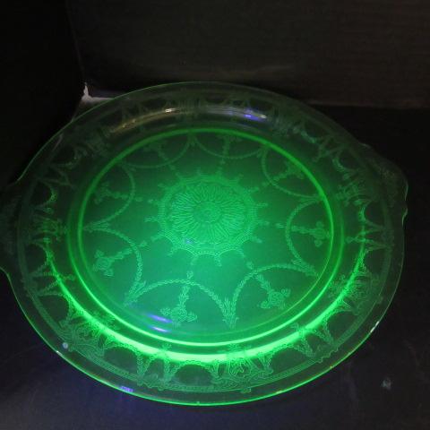 Vintage Green Uranium Vaseline Glass Tab Handle Tray and Aluminum Tray