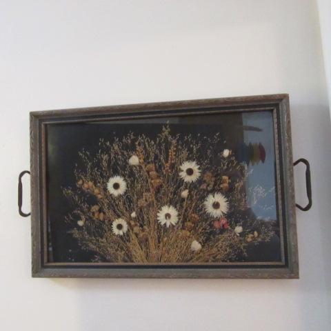 Vintage Serving Tray with Dried Flowers Under Glass