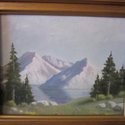 1974 "Mountains and Lake" Original Oil on Board by Marion J. Wolfe