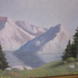 1974 "Mountains and Lake" Original Oil on Board by Marion J. Wolfe