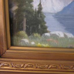 1974 "Mountains and Lake" Original Oil on Board by Marion J. Wolfe