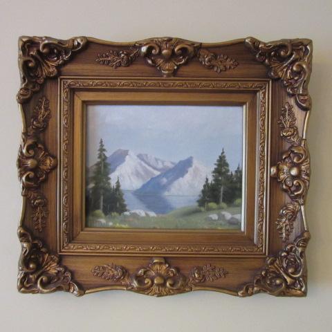 1974 "Mountains and Lake" Original Oil on Board by Marion J. Wolfe