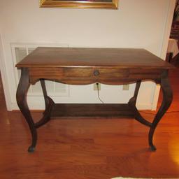 Dark Stained Solid Wood Table with Drawer and Central Chambrana Shelf