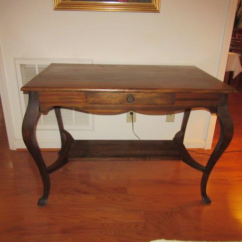 Dark Stained Solid Wood Table with Drawer and Central Chambrana Shelf