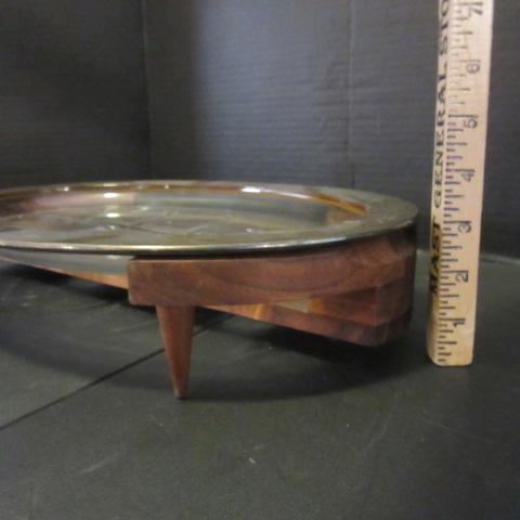 Midcentury Glasbake Meat Tray with Wood Serving/Trivet Stand
