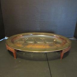 Midcentury Glasbake Meat Tray with Wood Serving/Trivet Stand