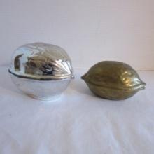 Brass Walnut Shaped Nutcracker and Silverplated Walnut Shape Nut Dish