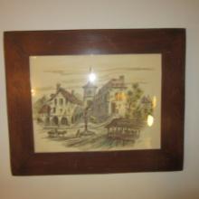 Signed Original Village Scene Ink and Watercolor Landscape