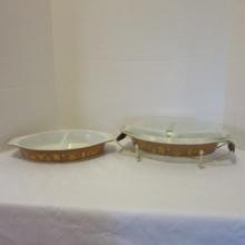 Two Vintage Pyrex Early American Oblong Divided Dishes, One Lid and Trivet Stand