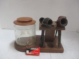 Wood Pipe Stand w/tobacco jar & 4 Pipes