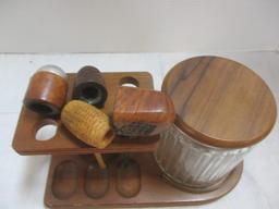 Wood Pipe Stand w/tobacco jar & 4 Pipes