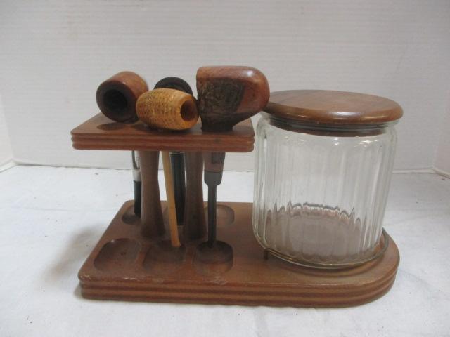 Wood Pipe Stand w/tobacco jar & 4 Pipes