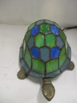 Cast Metal Turtle Night Light w/ Stained Glass Shell Shade