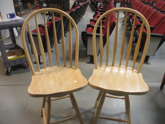 Pair of White Washed Swiveling Spindle Back Bar Chairs