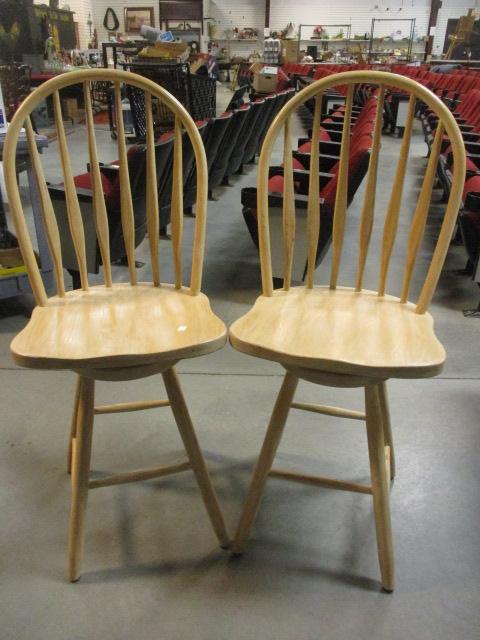 Pair of White Washed Swiveling Spindle Back Bar Chairs