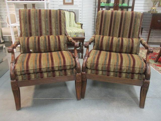 Pair of Ethan Allen Carved Wood Armchairs