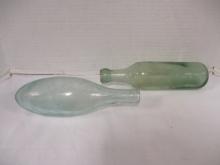 Two Vintage Hand Blown Green Glass Ship Bottles