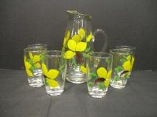 Midcentury Handpainted Juice Set with Yellow Flowers