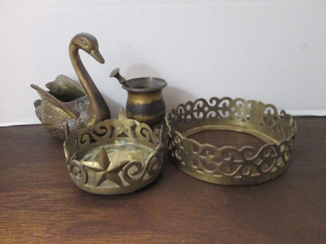 Brass Swan Planter, Mortar & Pestle, Candle Rings
