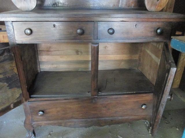 Antique Wood Carved Server with Hutch and Mirror