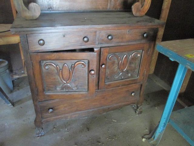 Antique Wood Carved Server with Hutch and Mirror