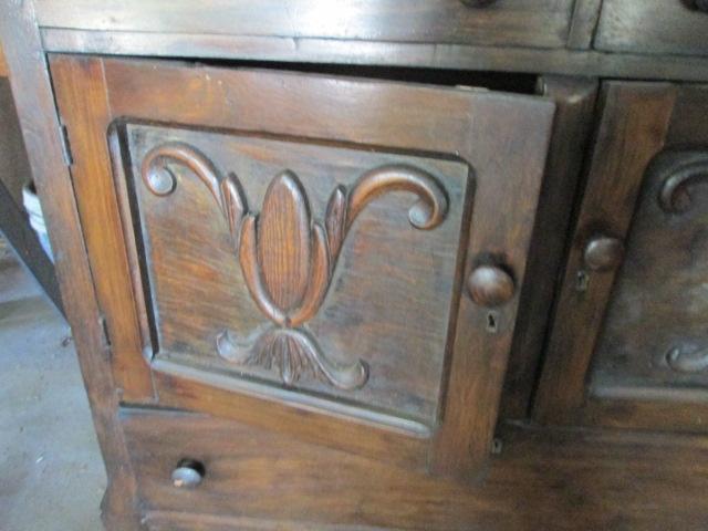 Antique Wood Carved Server with Hutch and Mirror