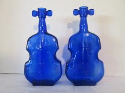 Two Blue Glass Violin Bottles