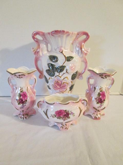 Four Luster Rose Pattern Vases