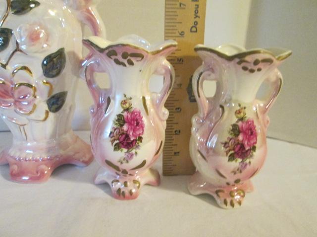 Four Luster Rose Pattern Vases