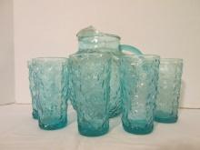 Vintage Blue Glass Pitcher with Five Glasses