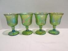 Four Carnival Glass Green Stemmed Goblets