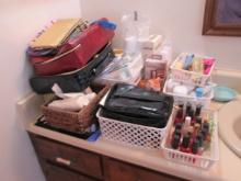 Bathroom Counter Contents - Lotions, Makeup, Estee Lauder Bags, and More