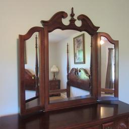 Carved Shell Cherry Dresser with Tri-Fold Mirror