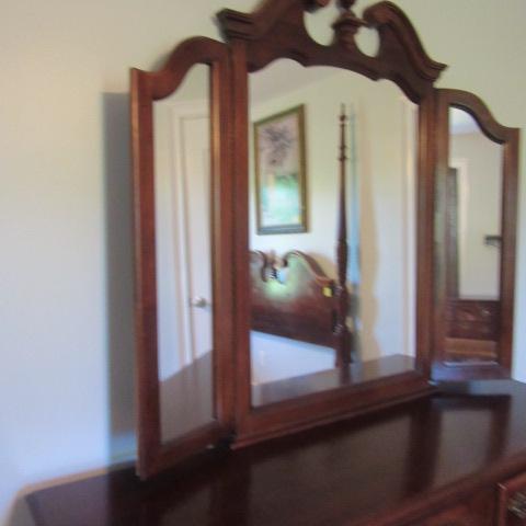 Carved Shell Cherry Dresser with Tri-Fold Mirror