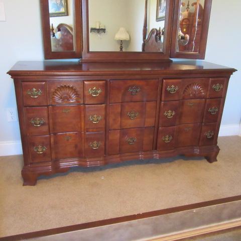 Carved Shell Cherry Dresser with Tri-Fold Mirror