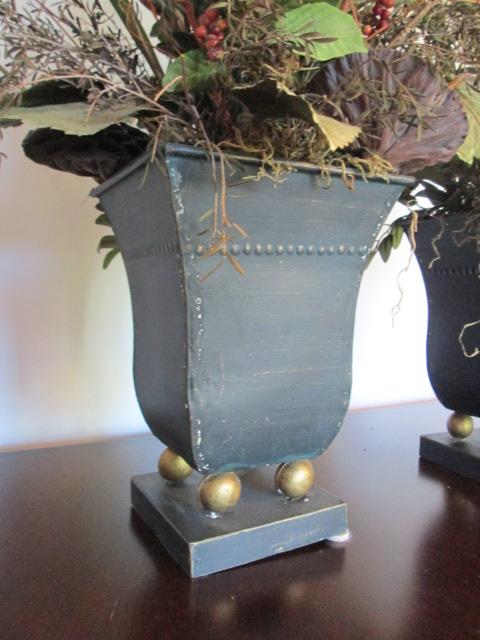 Pair of Metal Planters with Pheasant Feather and Artificial Floral Arrangement