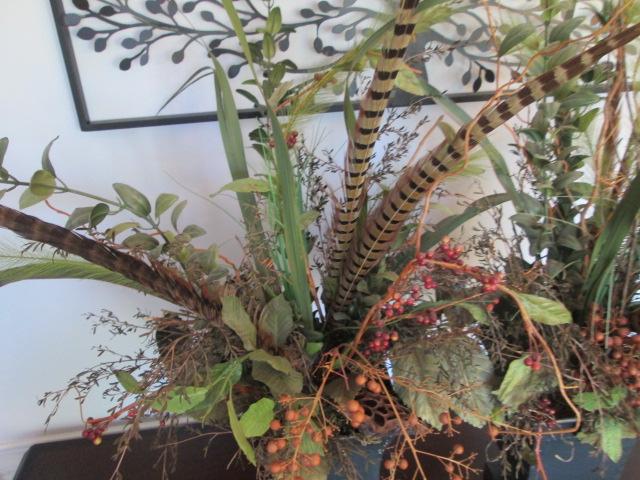 Pair of Metal Planters with Pheasant Feather and Artificial Floral Arrangement