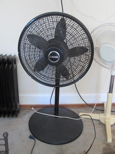 Black Lasko Oscillating Stand Fan, White Oscillating Stand Fan and Smal Electric