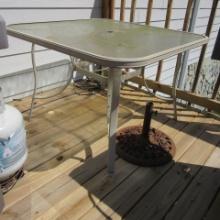 Square Aluminum Patio Table and Cast Metal Umbrella Stand