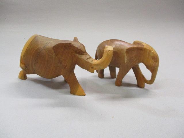 2 Hand Carved Wood Elephants