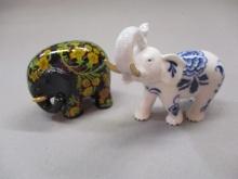 Blue & White Porcelain Elephant Figurine Marked PG & Black Elephant w/Yellow Flowers Figurine Marked