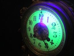 French Sculpture Bronze Clock w/Uranium Glass Face